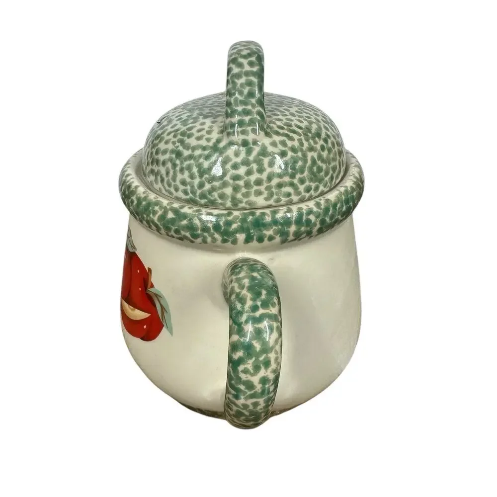Vtg Country Farmhouse 80s 90s Ceramic Red Apple Design Teapot Sponge Paint 7.5